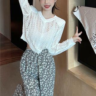 Pointelle Knit Cardigan / High Waist Floral Print Straight Leg Pants