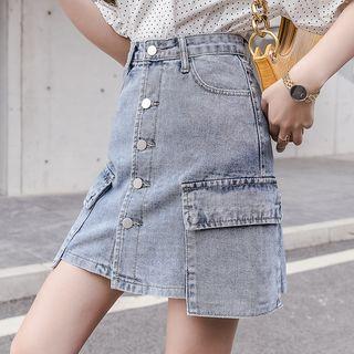 Button Mini A-line Denim Skirt