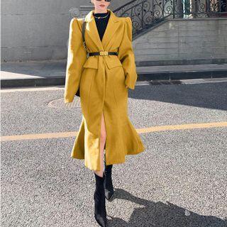 Puff-sleeve Long Wool Coat With Belt