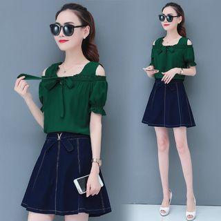 Set: Elbow-sleeve Cold Shoulder Frill Trim Top + A-line Mini Denim Skirt