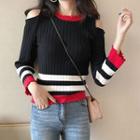 Cold Shoulder Striped Rib Knit Top