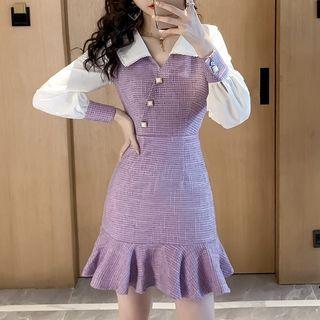 Long-sleeve Color Block Frill Trim Mini Dress