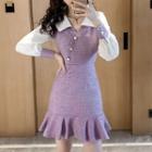 Long-sleeve Color Block Frill Trim Mini Dress