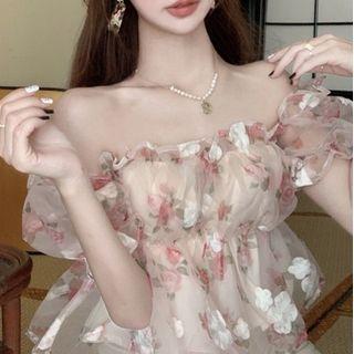 Puff-sleeve Off-shoulder Print Chiffon Blouse