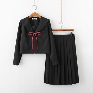 Blouse / Short-sleeve Shirt / Bow Tie / Midi A-line Skirt / Set