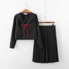 Blouse / Short-sleeve Shirt / Bow Tie / Midi A-line Skirt / Set