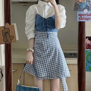 Semi Sleeve Panel Tie-strap Shirt / Irregular Plaid Skirt
