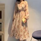 Plain Cardigan / Floral Print Long-sleeve Midi Chiffon Dress