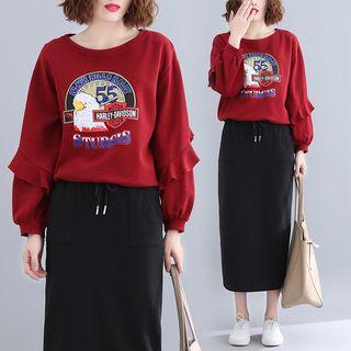 Ruffle Printed Pullover Wine Red - One Size