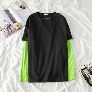 Panel Long-sleeve Round Neck T-shirt Top - One Size
