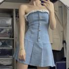 Ruffle Trim Button-up Denim Mini Tube Dress