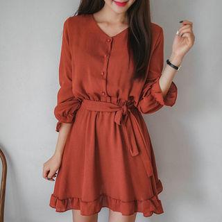 Half-placket Frill-hem Chiffon Dress With Sash Ivory - One Size