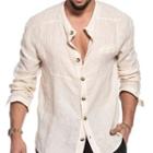 Long-sleeve Buttoned Linen Blend Stand Collar Shirt