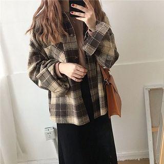 Color-block Plaid Acrylic Long-sleeve Top As Shown In Figure - One Size