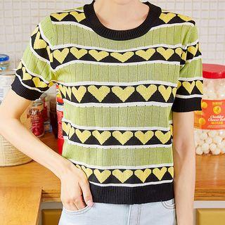 Short-sleeve Heart Striped Knit Top