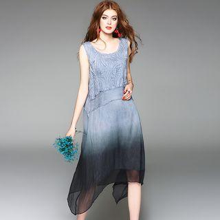 Sleeveless Gradient Embroidery Silk Dress