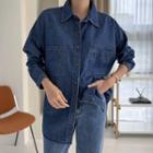 Big Pocket-front Denim Shirt Dark Blue - One Size