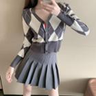 Argyle Button-down Knit Top / High-waist Pleated Mini Skirt