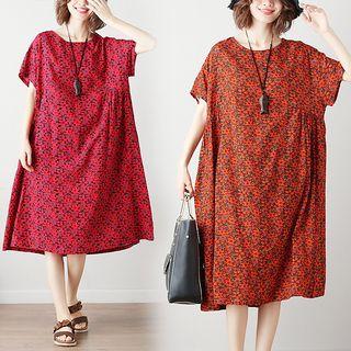 Flower Print Short-sleeve Loose Fit Dress