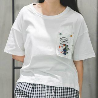 Embroidered Applique Elbow-sleeve T-shirt