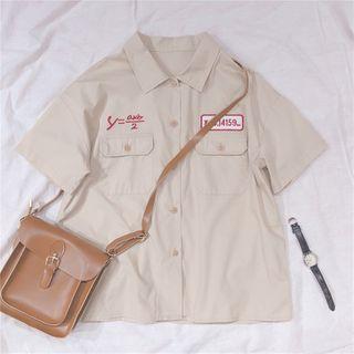 Embroidered Short-sleeve Shirt Khaki - One Size