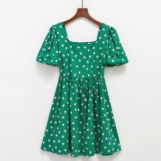 Square-neck Printed Drawstring A-line Dress