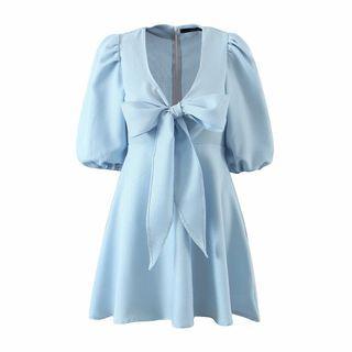 Balloon-sleeve Ribbon Mini A-line Dress