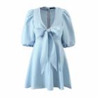 Balloon-sleeve Ribbon Mini A-line Dress