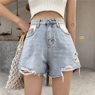 High-waist Distressed Denim A-line Shorts