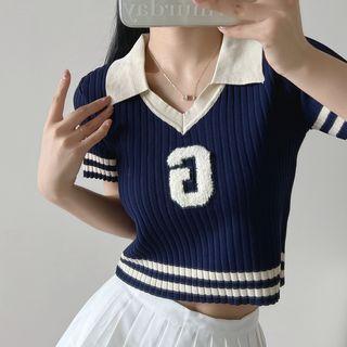 Short-sleeve Lettering Knit Crop Polo Shirt