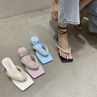 Square-toe Faux Pearl Sandals