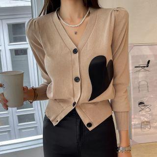 Puff-sleeve Heart Patched Cardigan