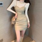Set: Long-sleeve Top + Faux Leather Mini Sheath Overall Dress