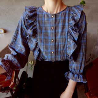 Round-neck Frill-trim Plaid Blouse