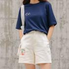 Elbow-sleeve Embroidered T-shirt Blue - One Size