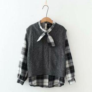 Set: Plaid Blouse + Cable-knit Sweater Vest