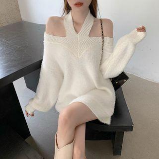 Long-sleeve Off-shoulder Halter Knit Dress White - One Size