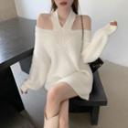 Long-sleeve Off-shoulder Halter Knit Dress White - One Size