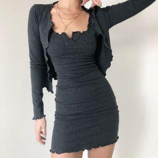Set: Plain Slim-fit Sleeveless Dress + Cardigan