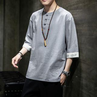3/4-sleeve Embroidered Frog-buttoned Henley T-shirt