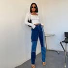 High-waist Washed Two Tone Straight Leg Jeans