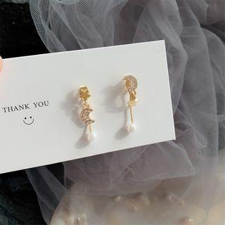Rhinestone Moon Drop Earring 1 Pair - Star & Moon Pearl Earrings - One Size