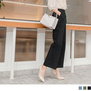 Elastic-back Plain Wide-leg Pants
