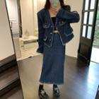 Long-sleeve Pocket Cropped Jacket / High-waist A-line Midi Skirt