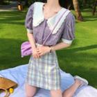 Lace Trim Short-sleeve Blouse / Plaid Mini A-line Skirt