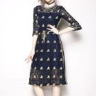 Elbow-sleeve Embroidered Midi A-line Lace Dress