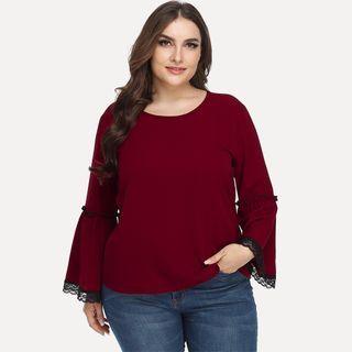 Plus Size Long-sleeve Lace Trim T-shirt
