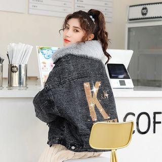 Sequined Lettering Oversize Denim Jacket