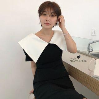 Contrast Collar Short-sleeve Midi Sheath Dress