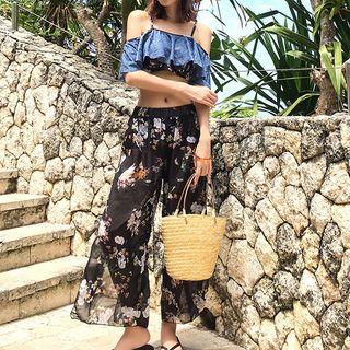 Set: Ruffle Bikini + Floral Print Pants